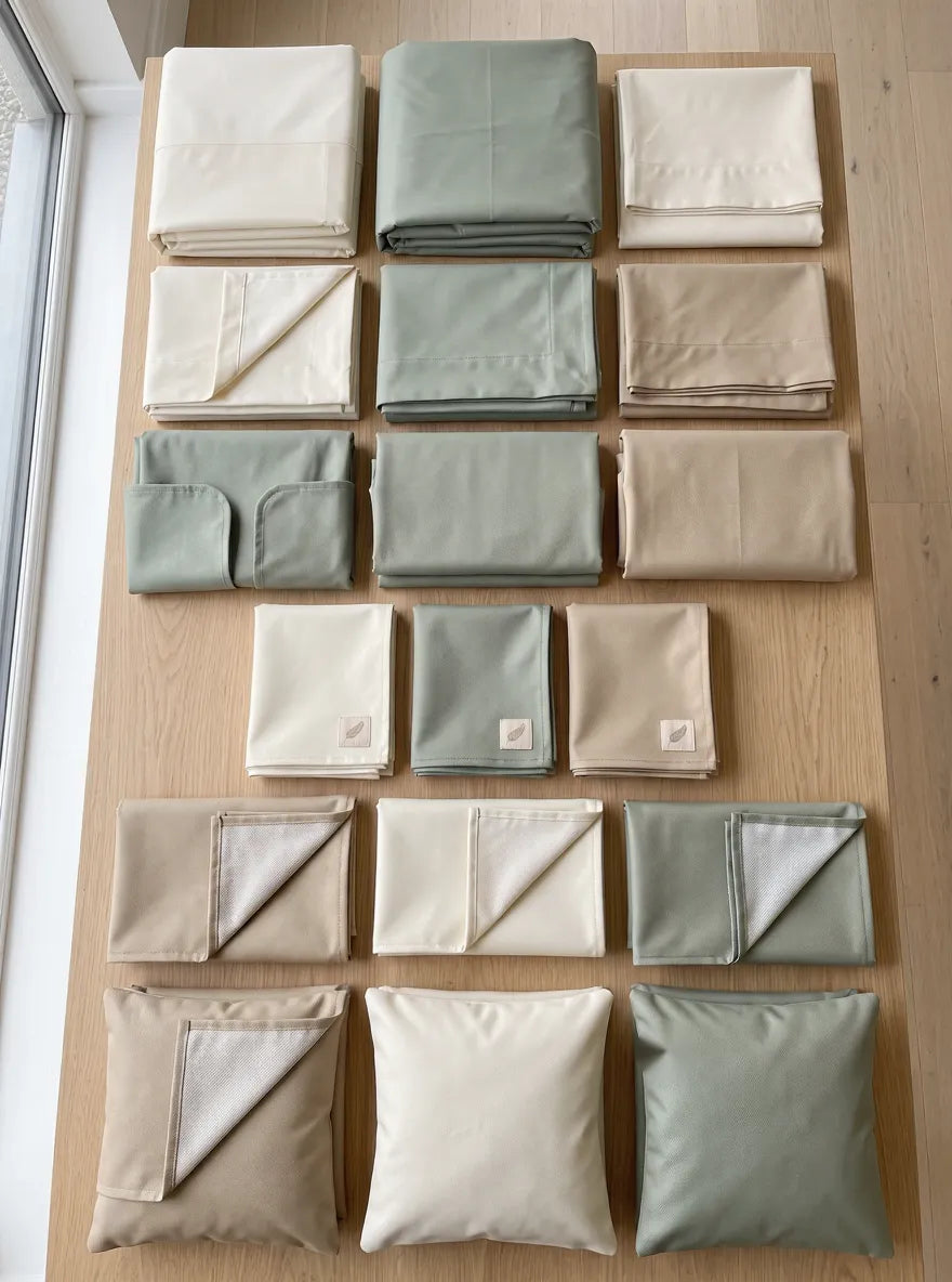 Flat lay of waterproof mattress, sofa and cushion covers in a cream and sage palette - Avise Store range