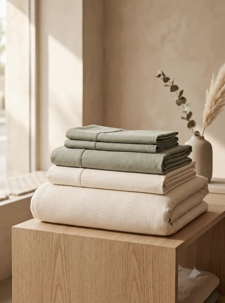 Freshly folded waterproof bedding in sage and cream tones - new arrivals at Avise Store