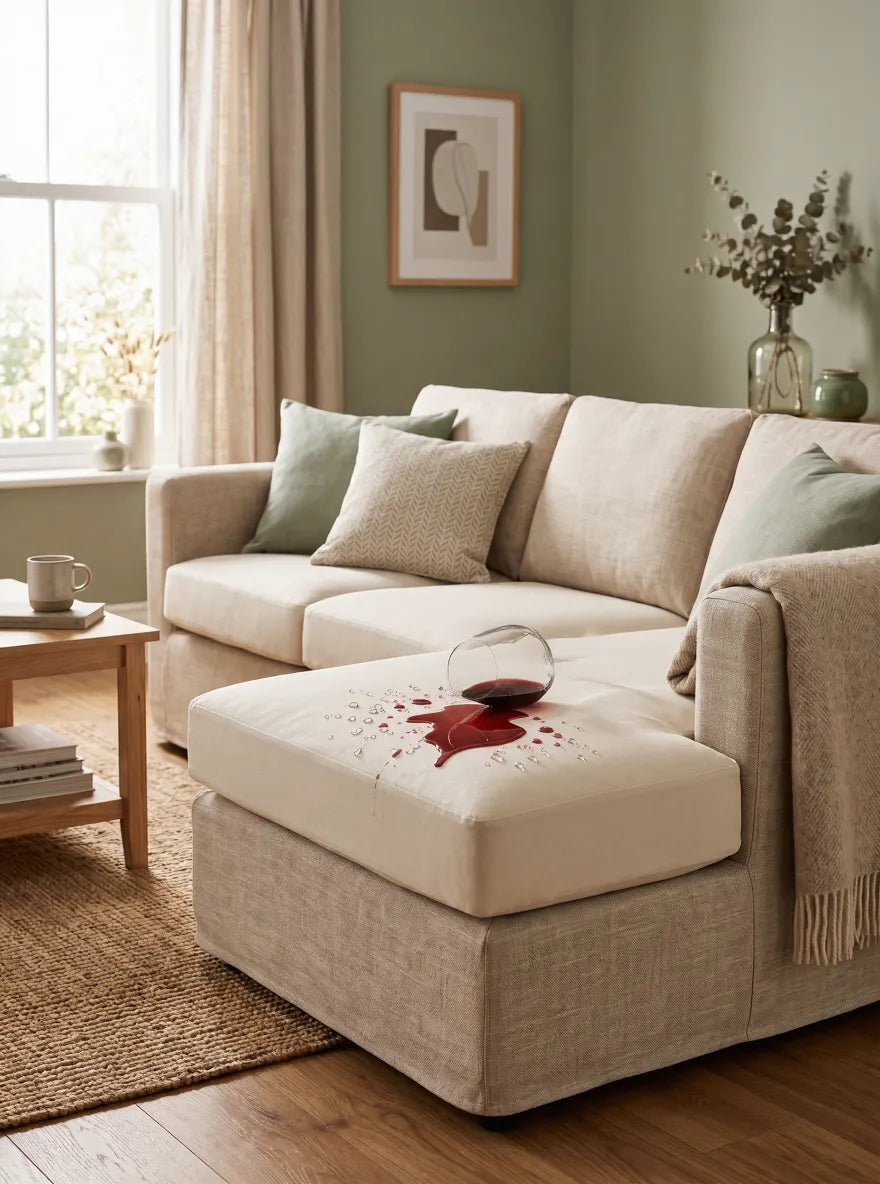 Waterproof sofa cover protecting cushion from a spilled glass of red wine - easy-clean, pet-friendly fabric
