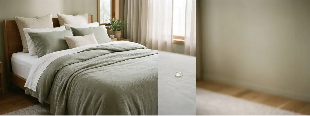 Waterproof mattress cover with water beading on the fabric - easy-clean protection for homes with kids and pets