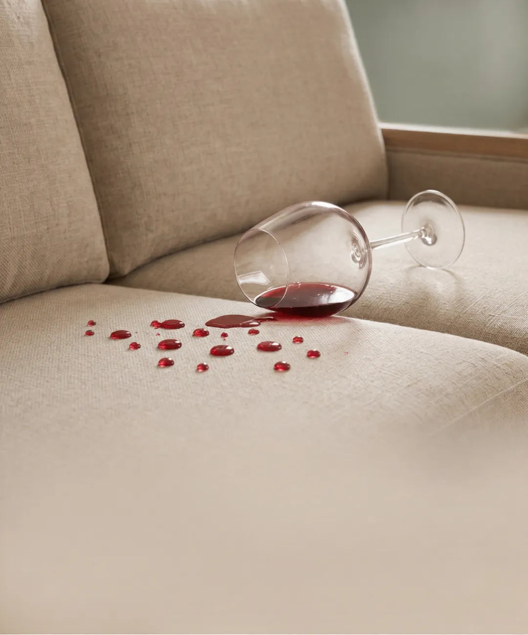 Waterproof sofa cover protecting cushion from a spilled glass of red wine - easy-clean, pet-friendly fabric