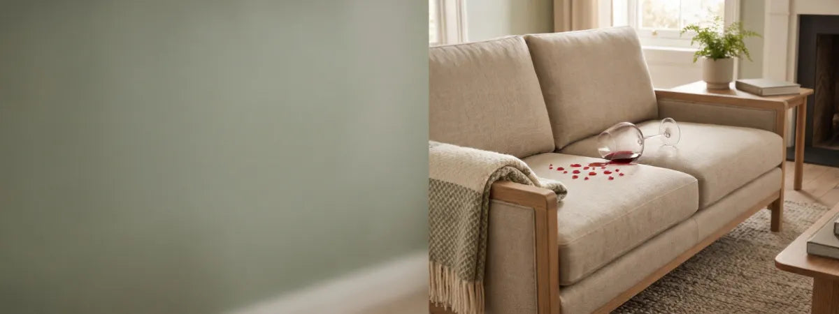 Waterproof sofa cover protecting cushion from a spilled glass of red wine - easy-clean, pet-friendly fabric